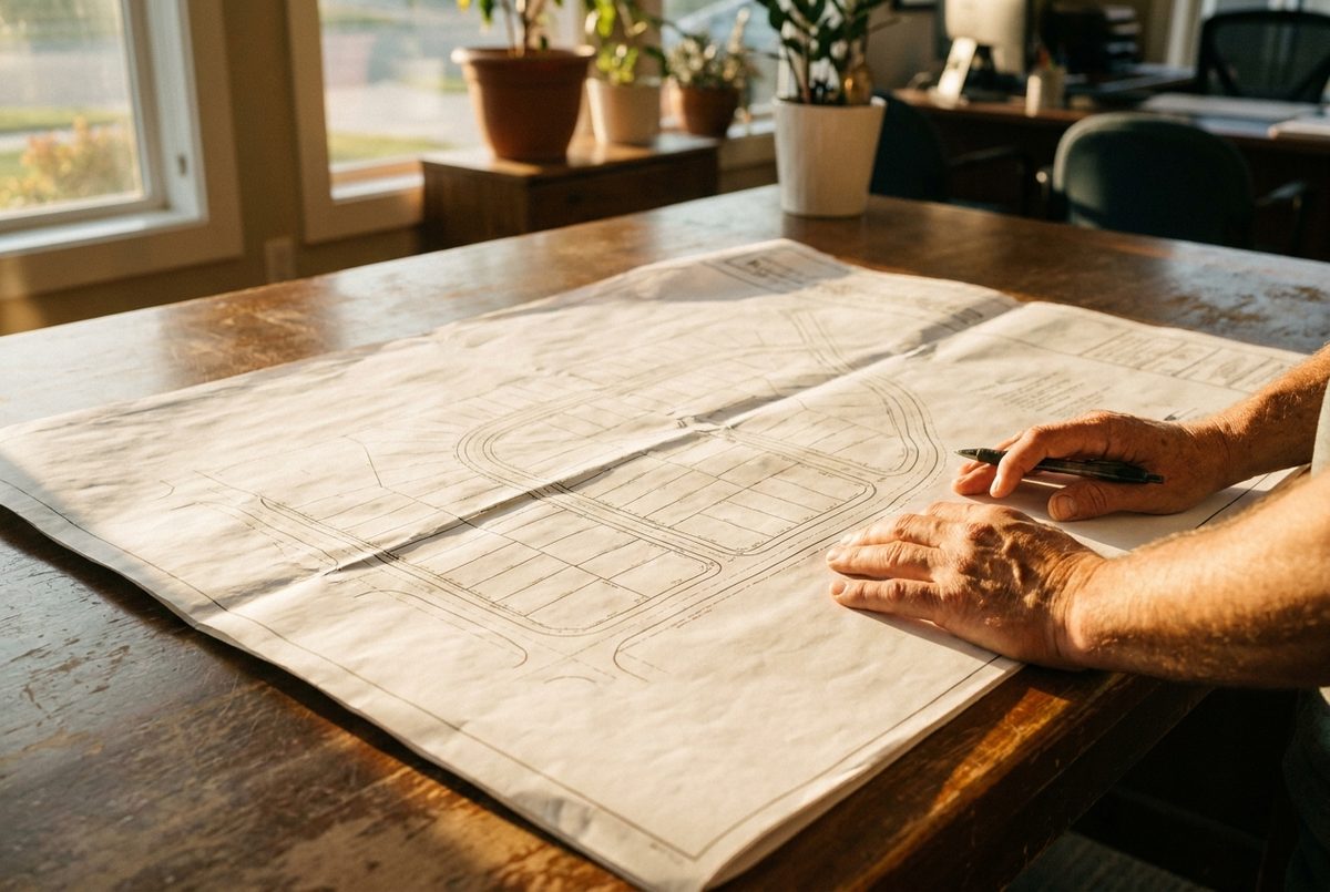 Plano de un fraccionamiento impreso sobre una mesa, revisado a mano